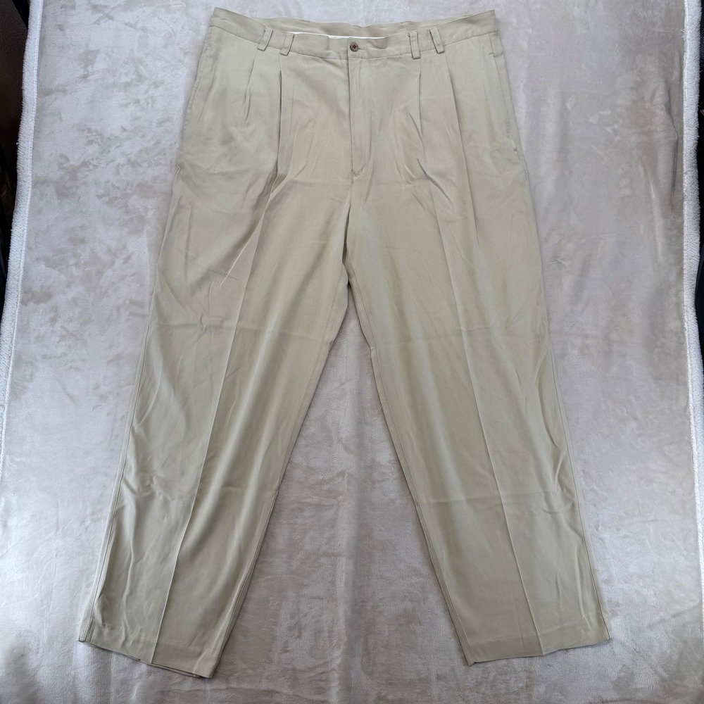 Caribbean Silk Pleated Trousers Mens 42x32 Tan Good Relaxed Fit Herringbone